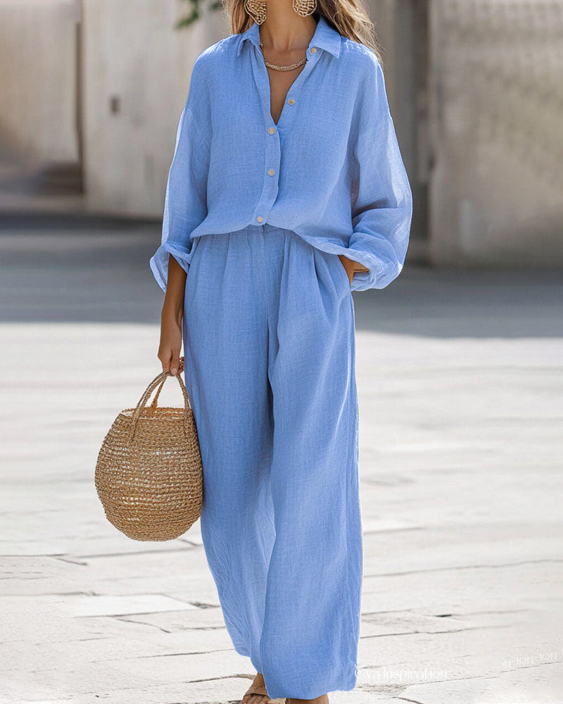 Aloveta™ Casual 2-Piece Outfit Set Long Sleeve Shirt Wide Leg Pants