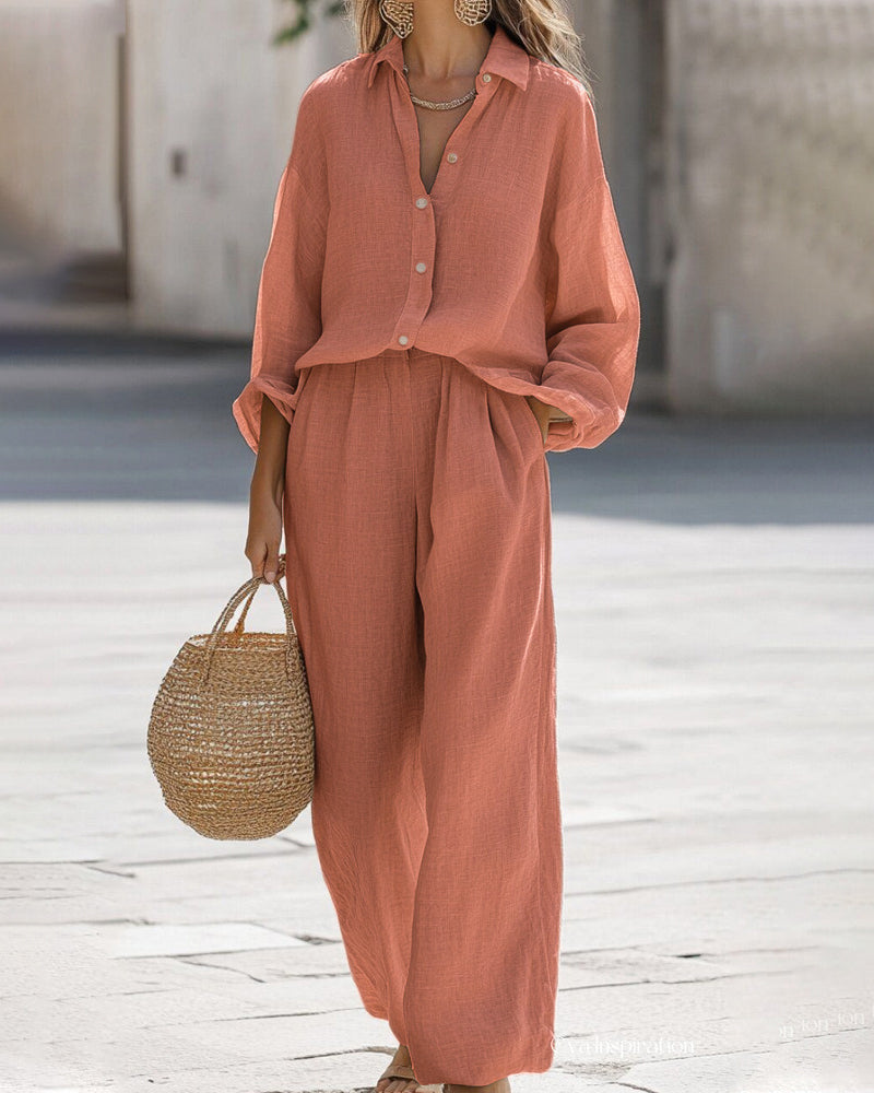 Aloveta™ Casual 2-Piece Outfit Set Long Sleeve Shirt Wide Leg Pants