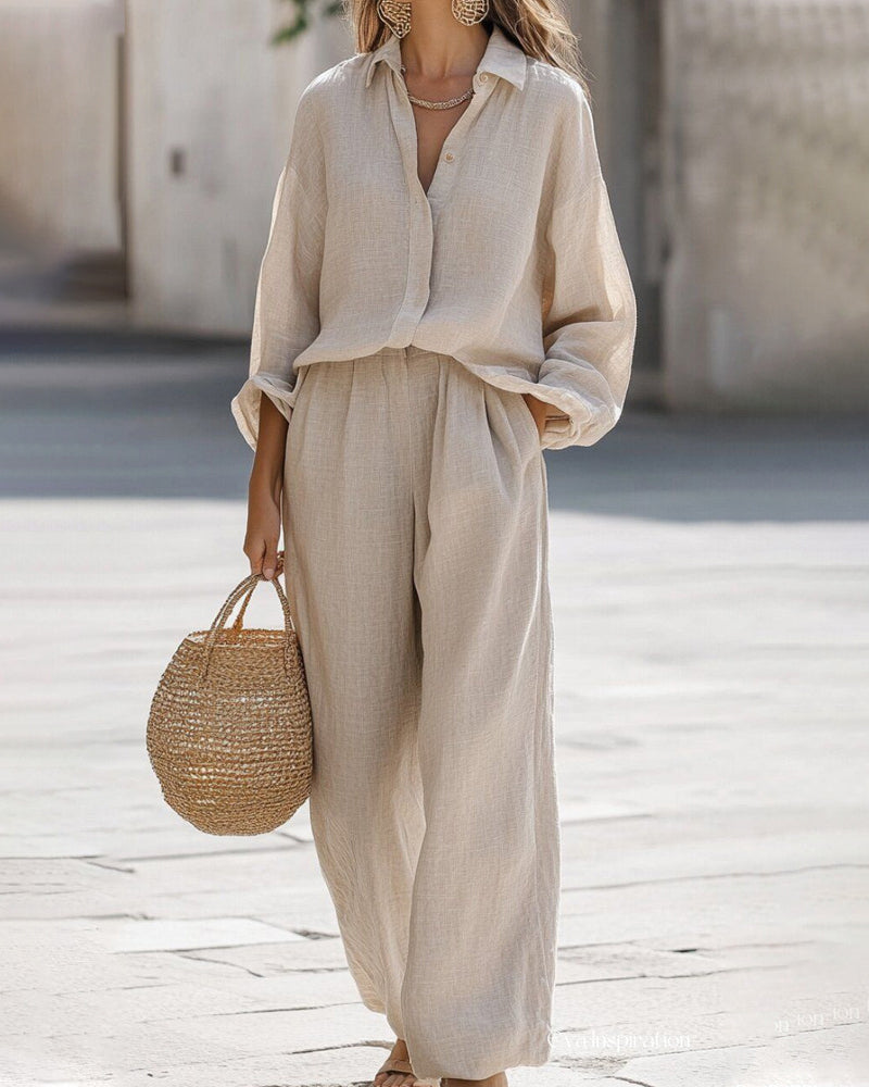 Aloveta™ Casual 2-Piece Outfit Set Long Sleeve Shirt Wide Leg Pants
