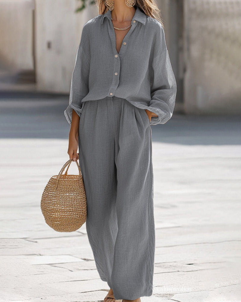 Aloveta™ Casual 2-Piece Outfit Set Long Sleeve Shirt Wide Leg Pants
