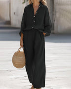 Vyla™ Casual 2-Piece Outfit Set Long Sleeve Shirt Wide Leg Pants