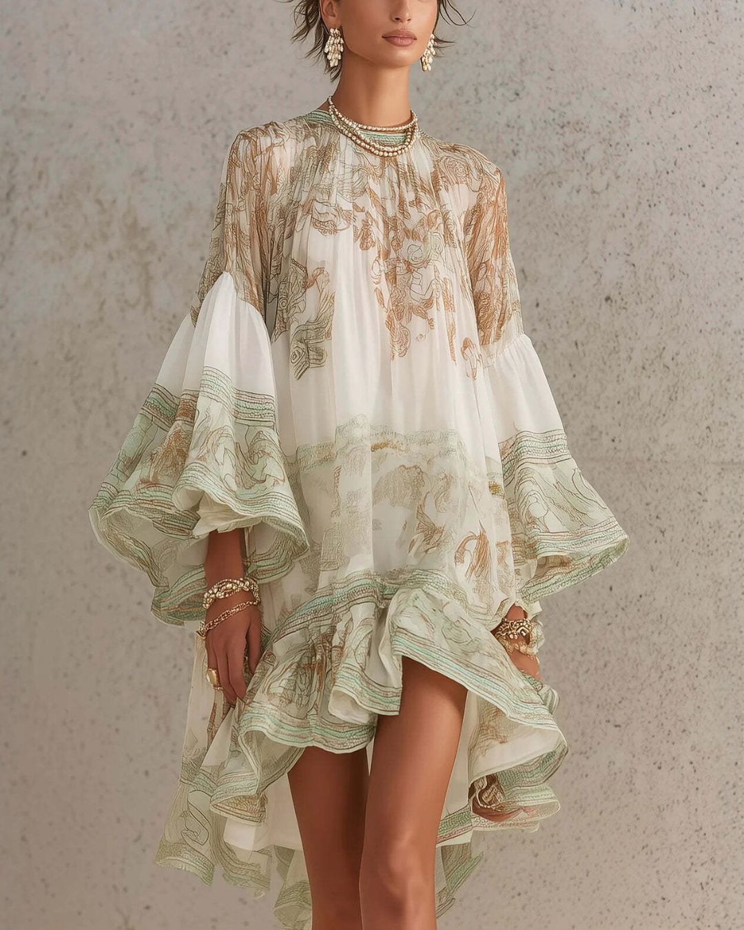 Vyla™ Bell Sleeve Print Ruffle Mini Dress