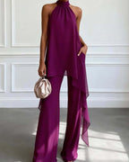 Vyla™ Elegant Halter Neck Asymmetric Chiffon Set