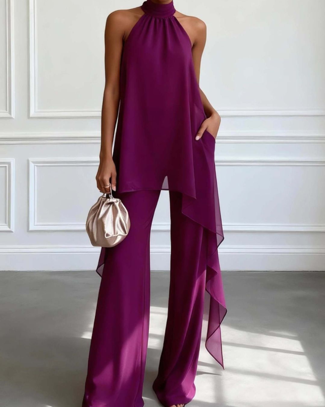 Vyla™ Elegant Halter Neck Asymmetric Chiffon Set