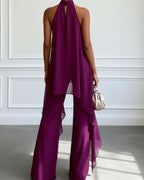 Vyla™ Elegant Halter Neck Asymmetric Chiffon Set