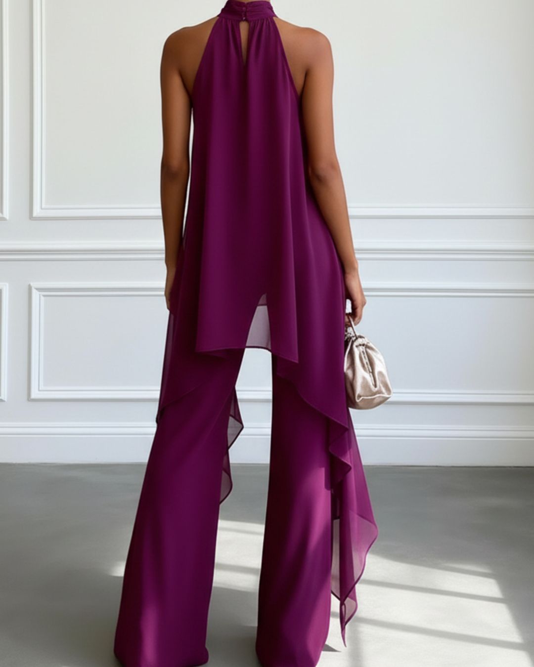 Vyla™ Elegant Halter Neck Asymmetric Chiffon Set