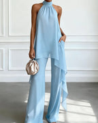 Vyla™ Elegant Halter Neck Asymmetric Chiffon Set
