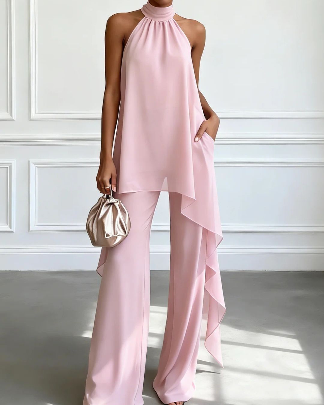 Vyla™ Elegant Halter Neck Asymmetric Chiffon Set