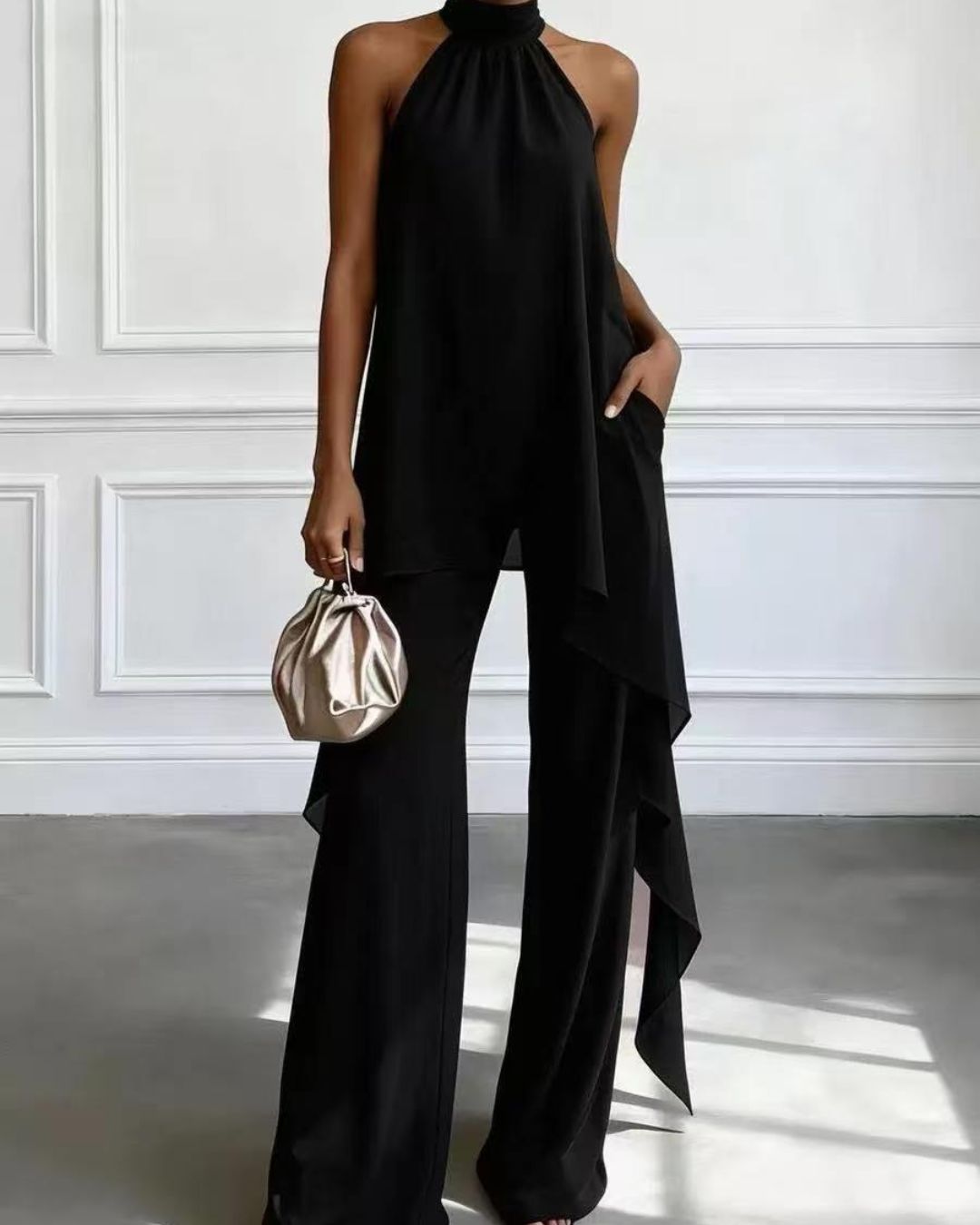 Vyla™ Elegant Halter Neck Asymmetric Chiffon Set