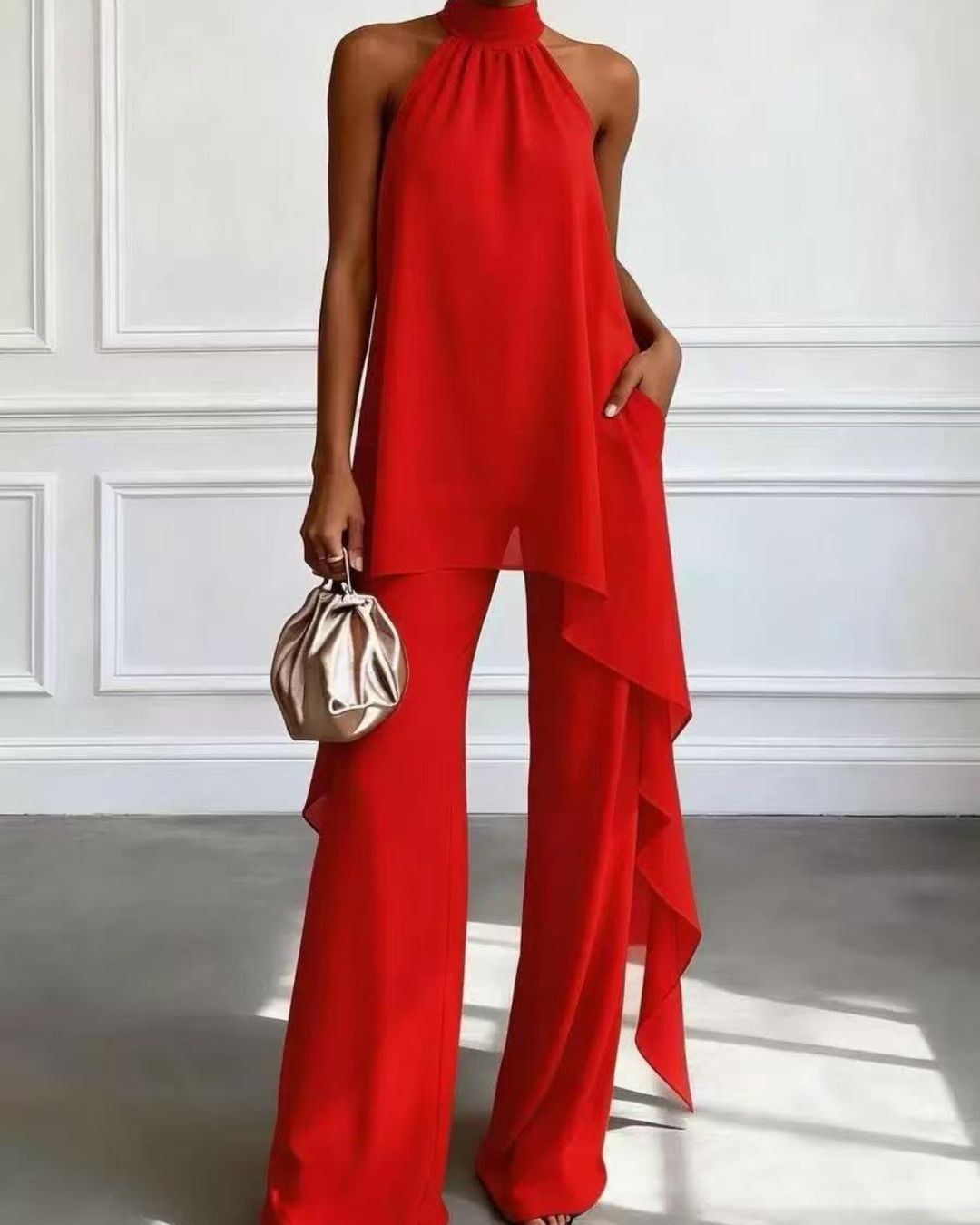 Vyla™ Elegant Halter Neck Asymmetric Chiffon Set
