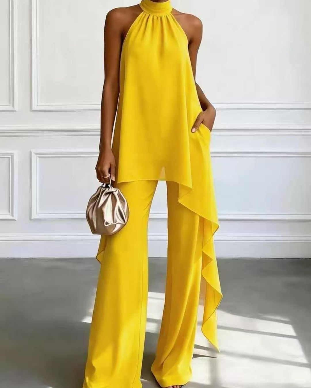 Vyla™ Elegant Halter Neck Asymmetric Chiffon Set
