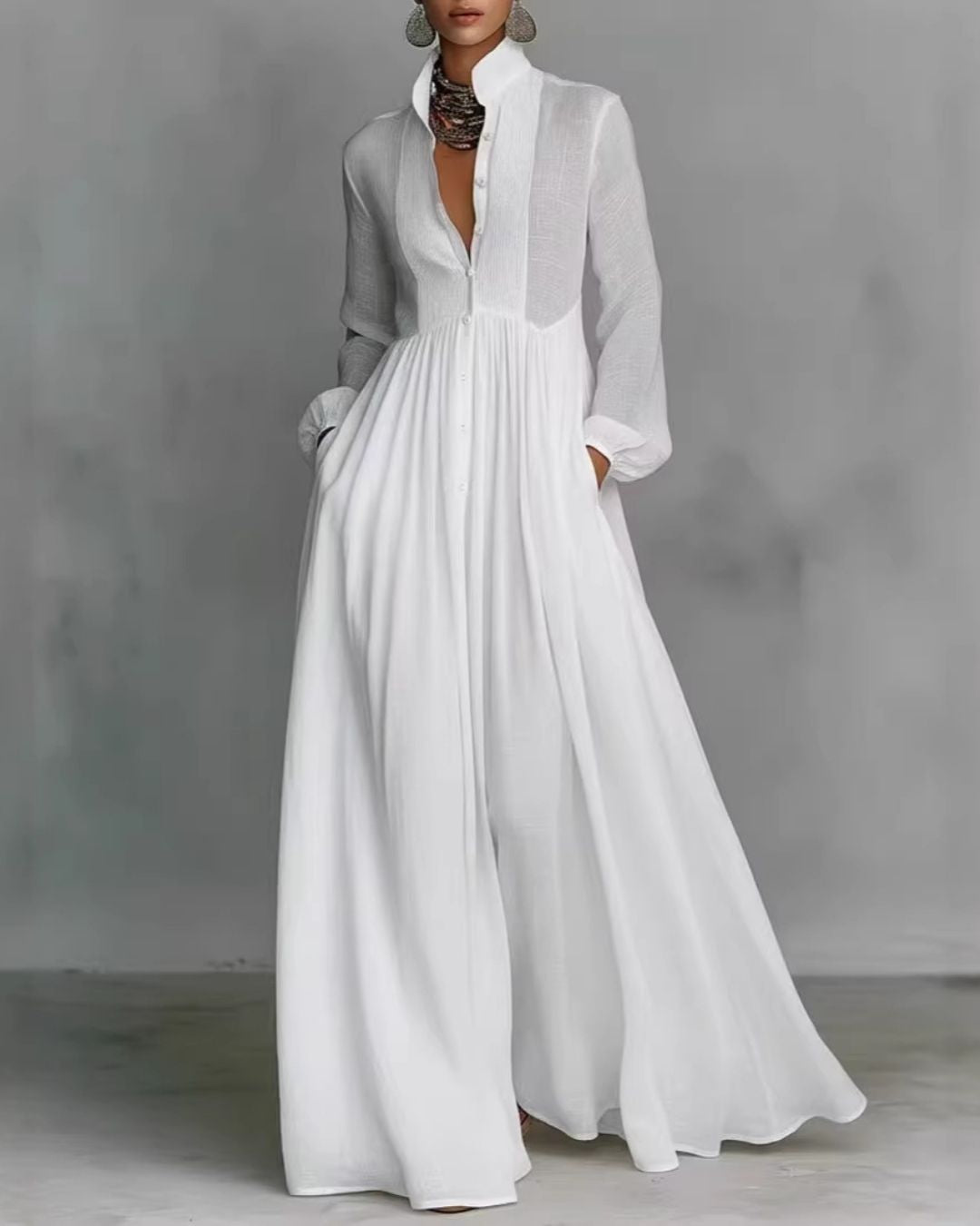 Vyla™ Stand-Up Collar Long-Sleeve Maxi Dress