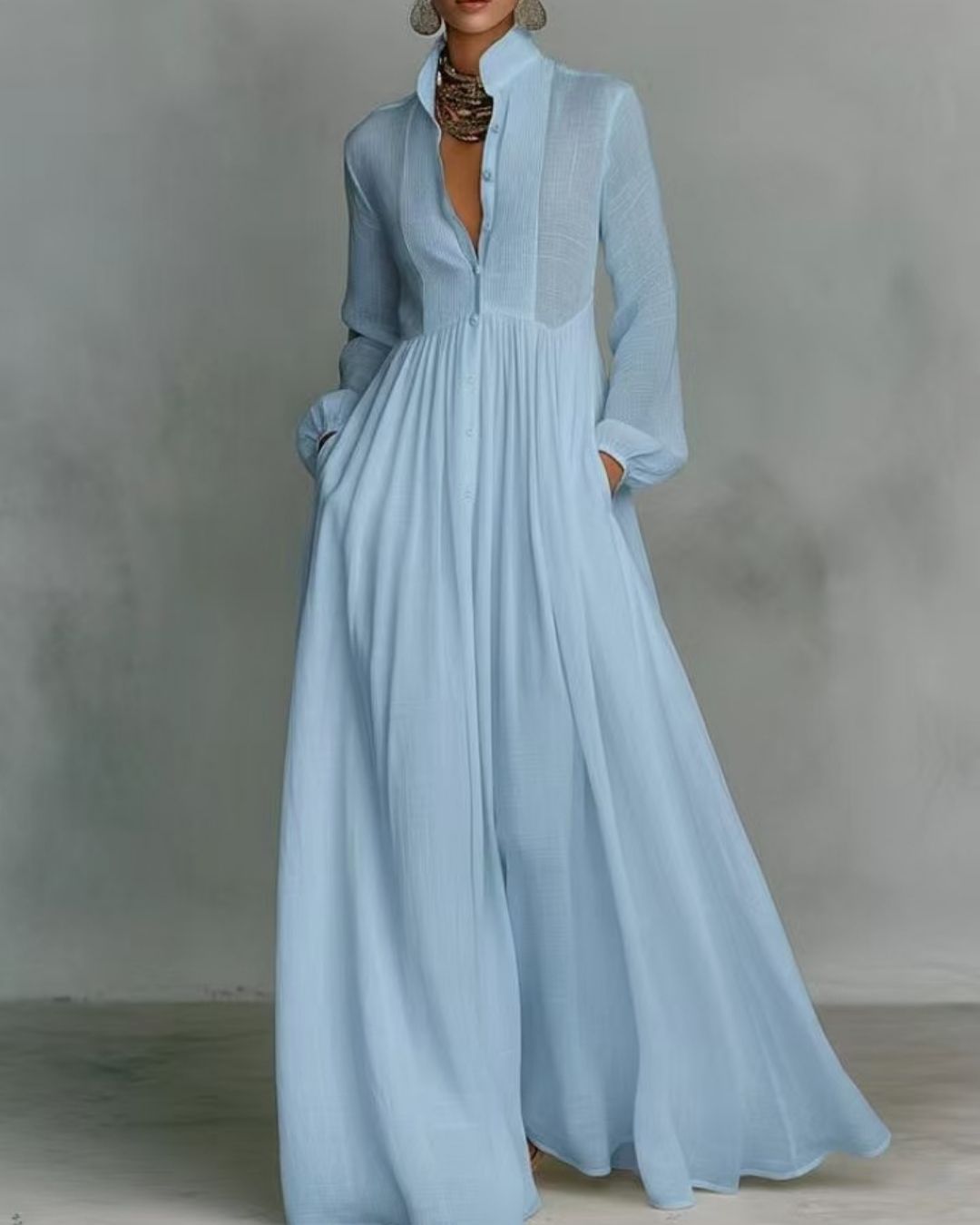 Vyla™ Stand-Up Collar Long-Sleeve Maxi Dress