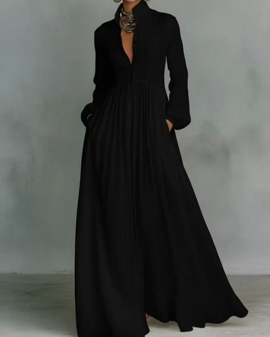 Vyla™ Stand-Up Collar Long-Sleeve Maxi Dress