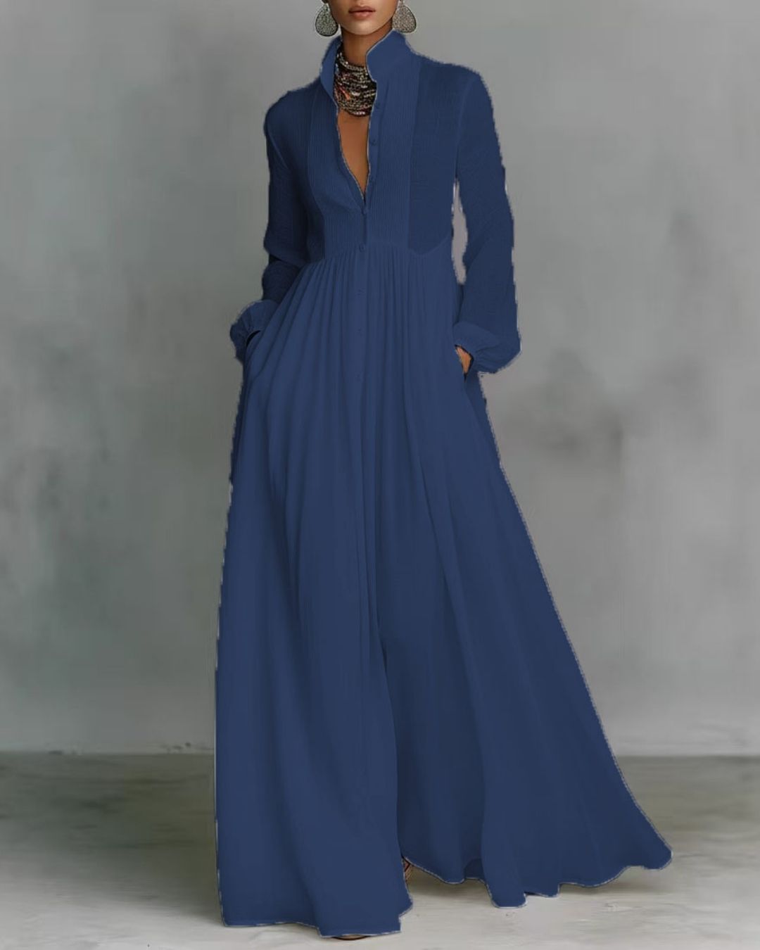 Vyla™ Stand-Up Collar Long-Sleeve Maxi Dress