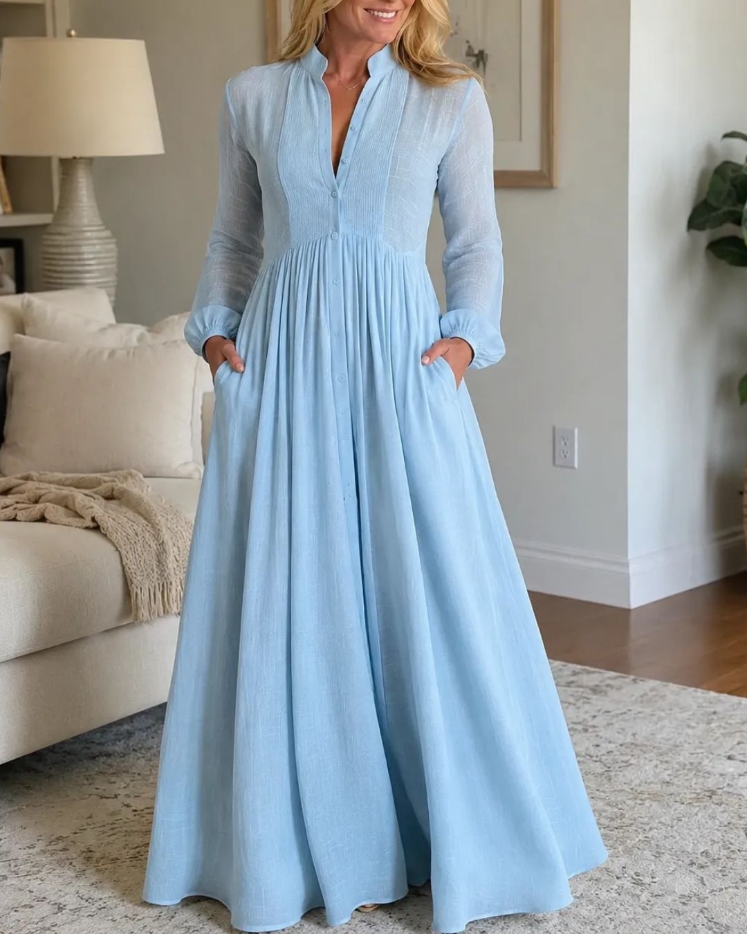 Vyla™ Stand-Up Collar Long-Sleeve Maxi Dress
