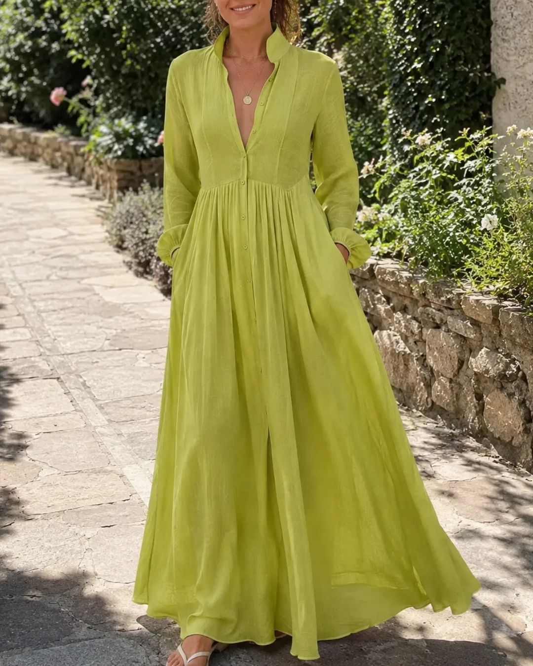Vyla™ Stand-Up Collar Long-Sleeve Maxi Dress