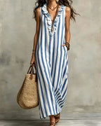 Vyla™ Stripe Ruffle V-Neck Pocket Dress