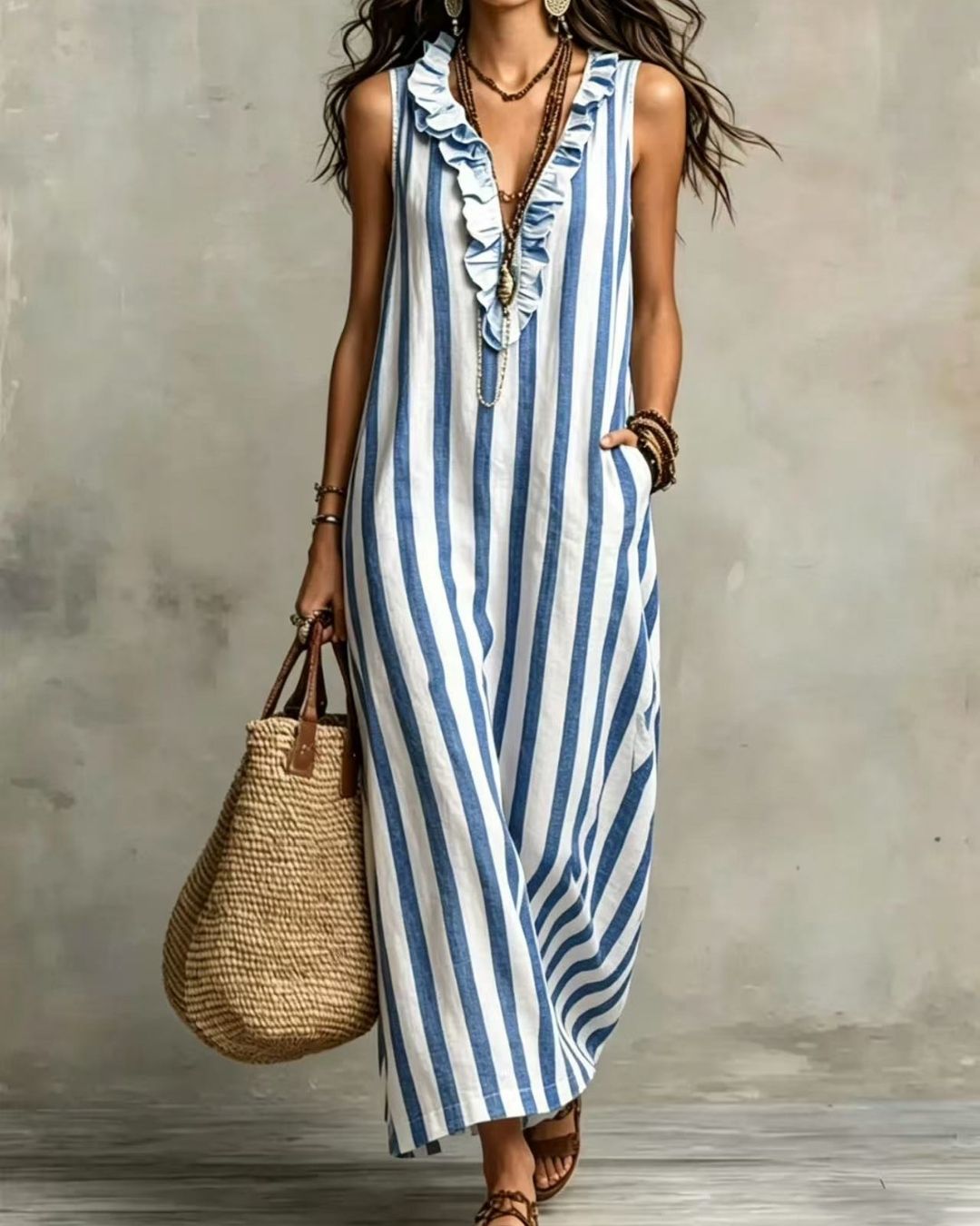 Vyla™ Stripe Ruffle V-Neck Pocket Dress