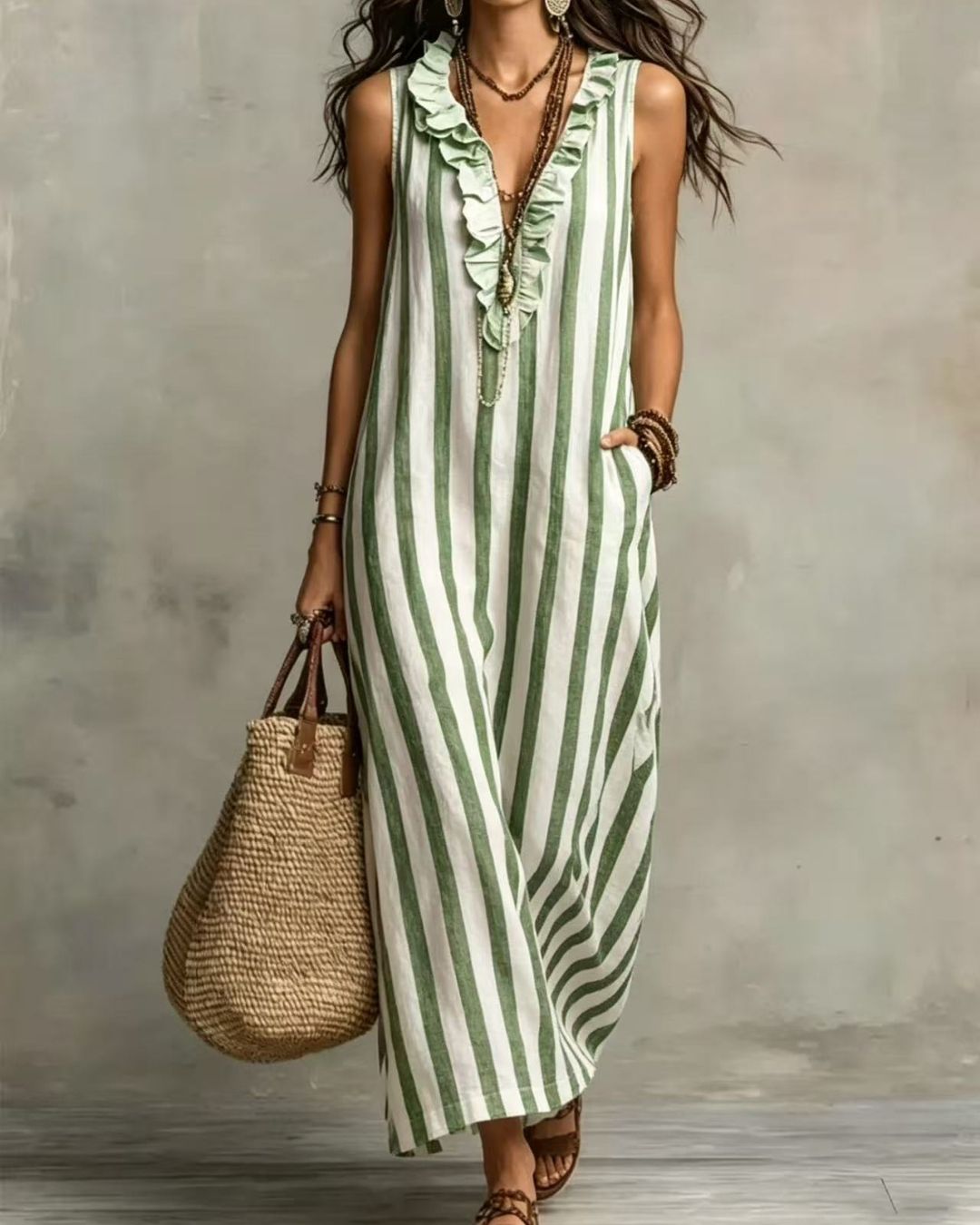 Vyla™ Stripe Ruffle V-Neck Pocket Dress
