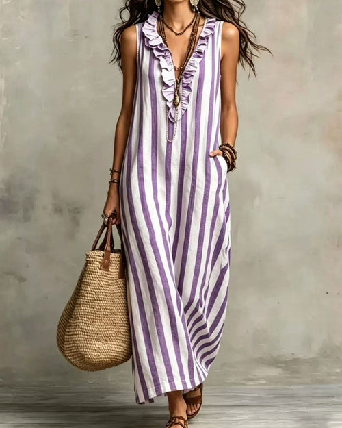 Vyla™ Stripe Ruffle V-Neck Pocket Dress