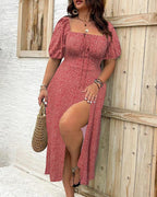 Vyla™ Plus Size Floral Smocked Bodice Maxi Dress with High Slit