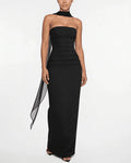 Vyla™ Ruched Strapless Bodycon Maxi Dress with Ethereal Mesh Scarf