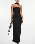 Vyla™ Ruched Strapless Bodycon Maxi Dress with Ethereal Mesh Scarf