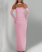 Vyla™ Ruched Strapless Bodycon Maxi Dress with Ethereal Mesh Scarf