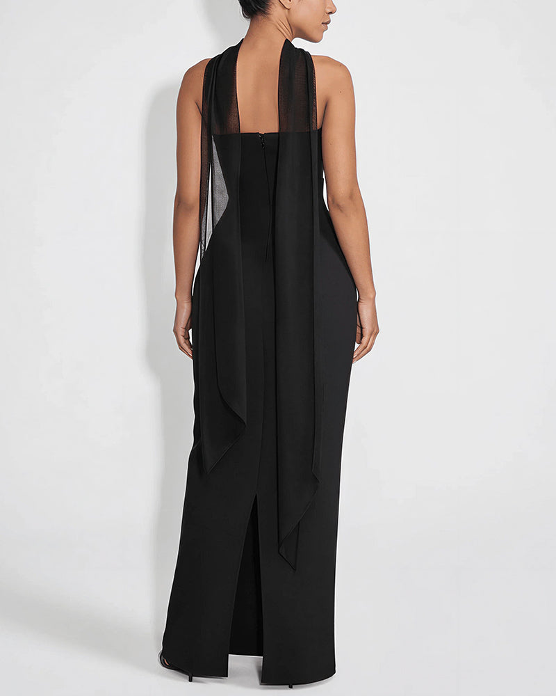 Vyla™ Ruched Strapless Bodycon Maxi Dress with Ethereal Mesh Scarf
