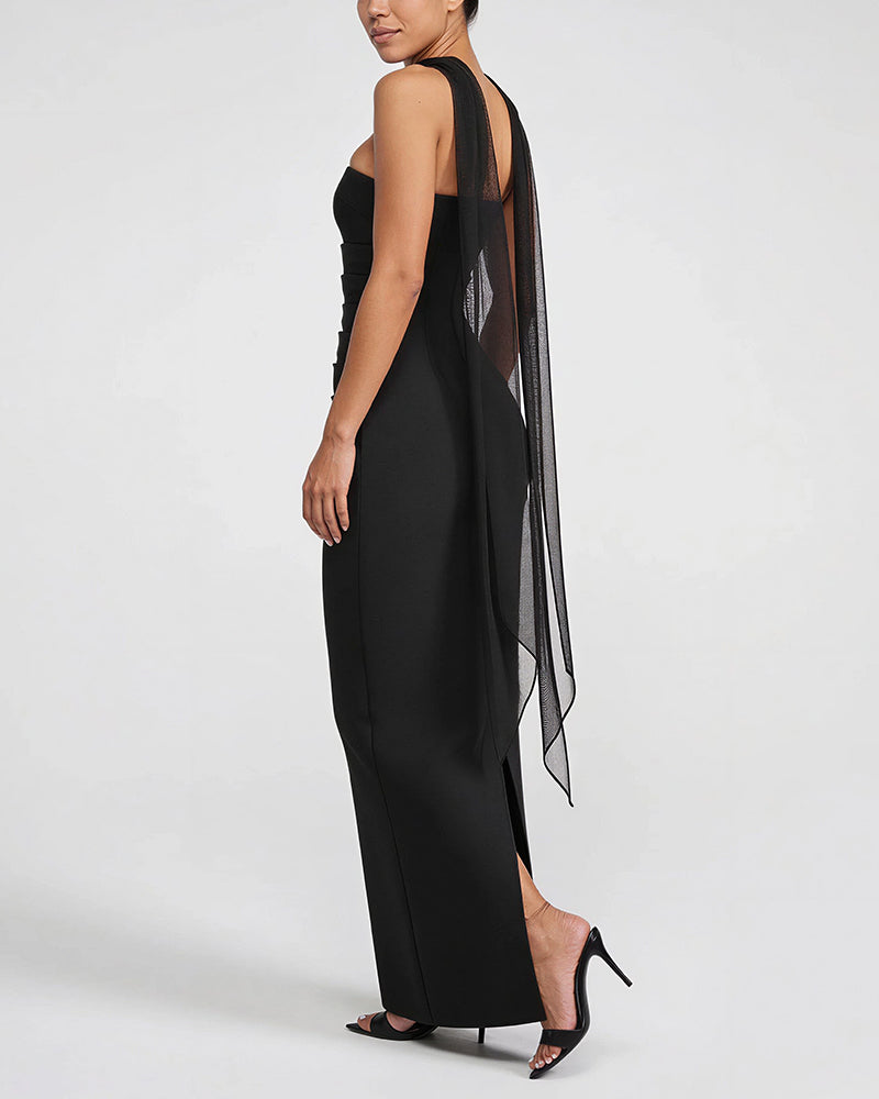 Vyla™ Ruched Strapless Bodycon Maxi Dress with Ethereal Mesh Scarf