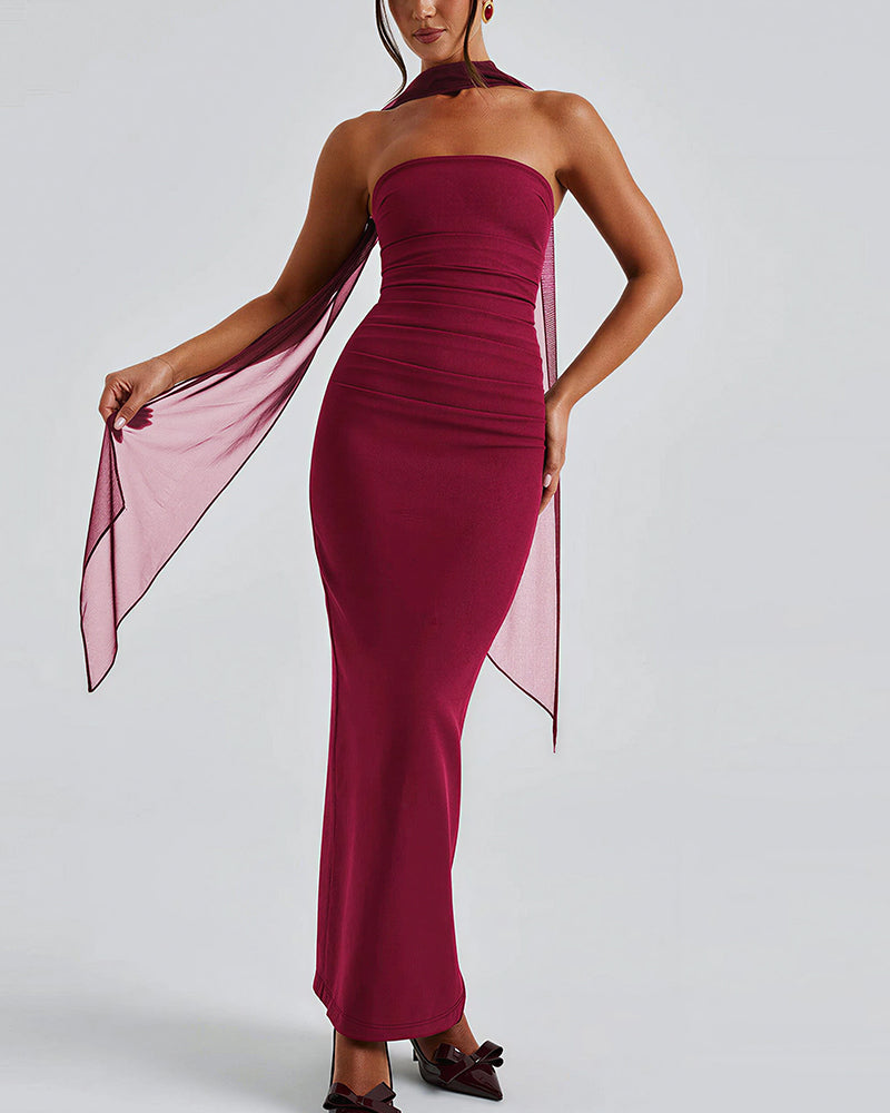 Vyla™ Ruched Strapless Bodycon Maxi Dress with Ethereal Mesh Scarf