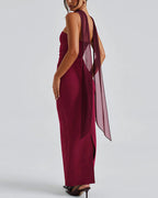 Vyla™ Ruched Strapless Bodycon Maxi Dress with Ethereal Mesh Scarf