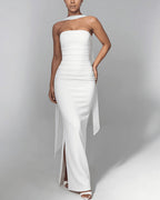 Vyla™ Ruched Strapless Bodycon Maxi Dress with Ethereal Mesh Scarf