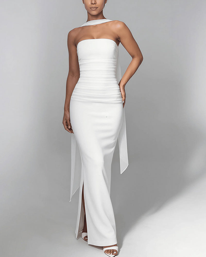 Vyla™ Ruched Strapless Bodycon Maxi Dress with Ethereal Mesh Scarf