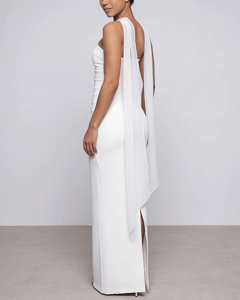 Vyla™ Ruched Strapless Bodycon Maxi Dress with Ethereal Mesh Scarf