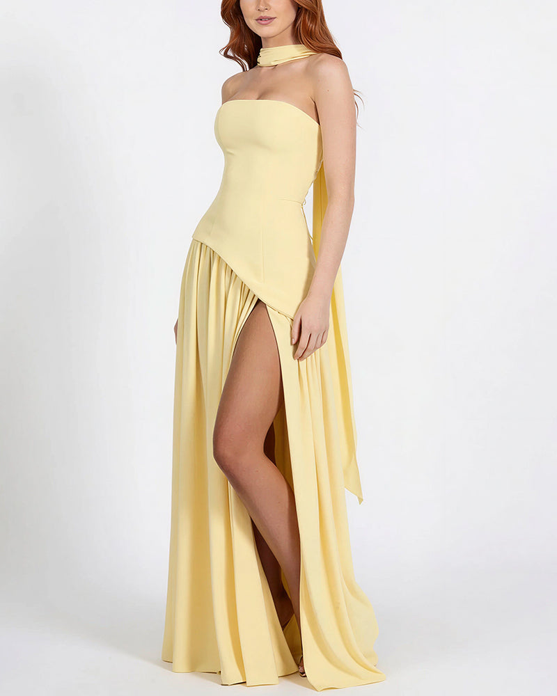 Vyla™ Strapless High-Slit Draped Maxi Evening Dress