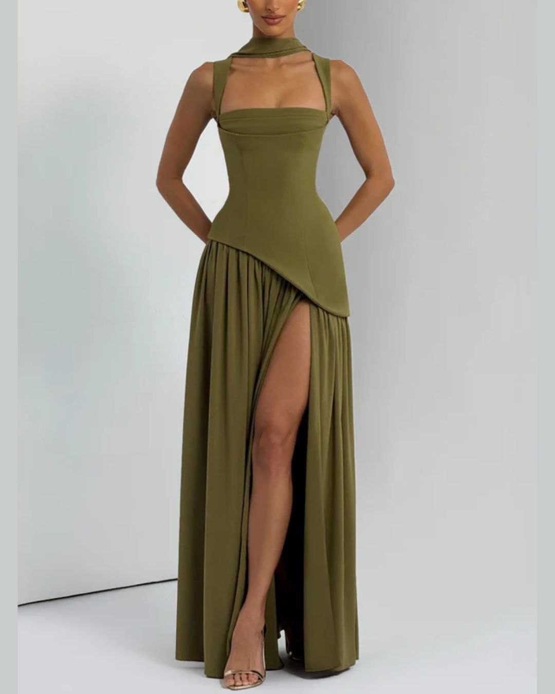 Vyla™ Scarf High Slit Ruched Waist Maxi Dress