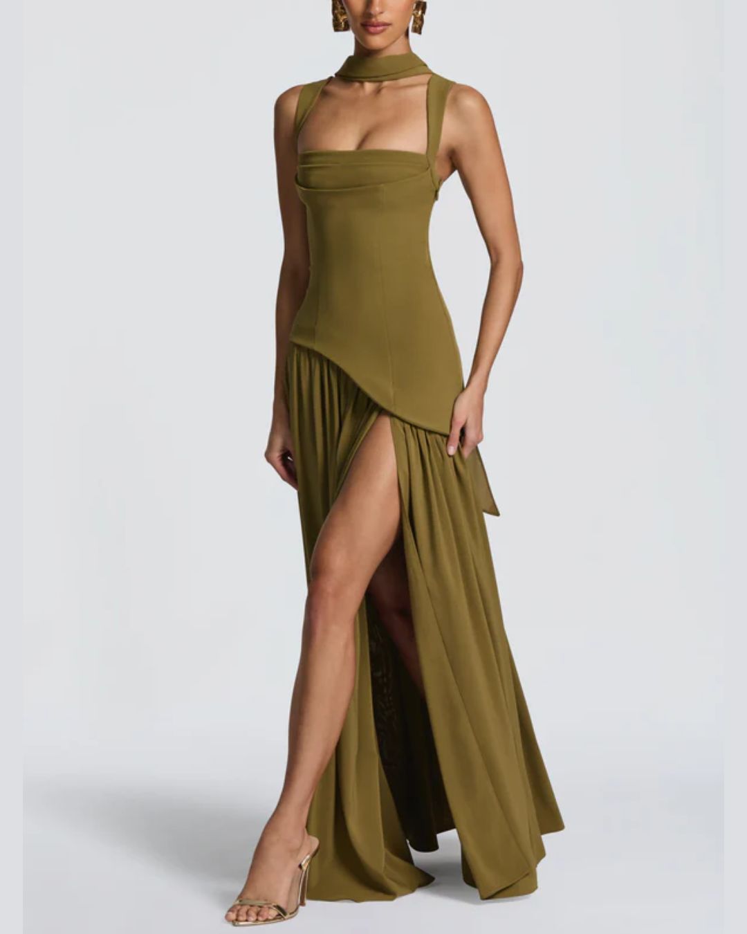 Vyla™ Scarf High Slit Ruched Waist Maxi Dress