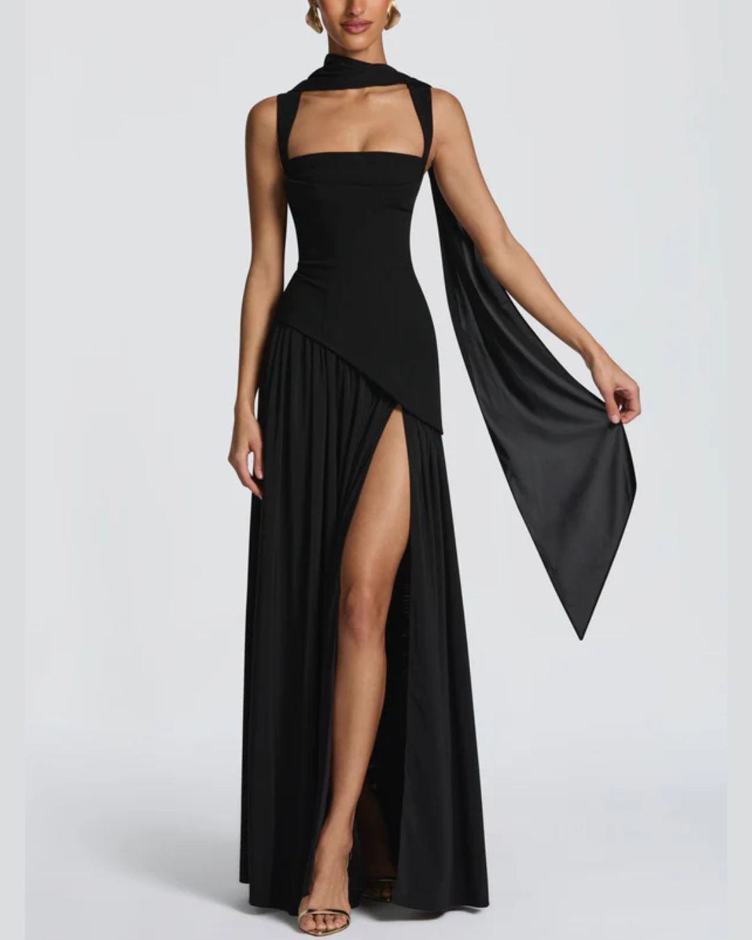 Vyla™ Scarf High Slit Ruched Waist Maxi Dress