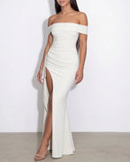 Vyla™ Elegant Off-Shoulder Ruched High-Slit Maxi Evening Dress