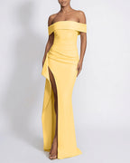 Vyla™ Elegant Off-Shoulder Ruched High-Slit Maxi Evening Dress