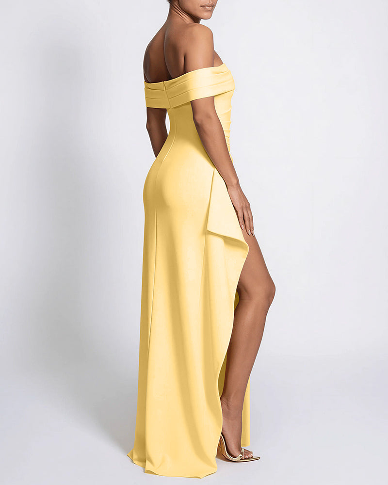 Vyla™ Elegant Off-Shoulder Ruched High-Slit Maxi Evening Dress