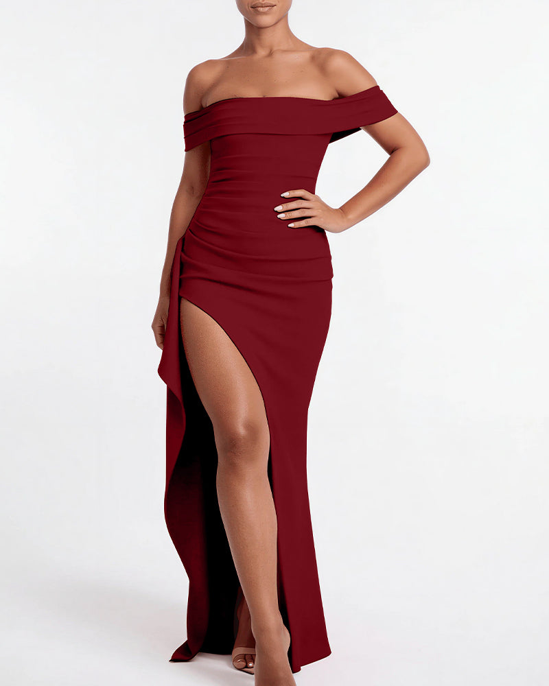 Vyla™ Elegant Off-Shoulder Ruched High-Slit Maxi Evening Dress