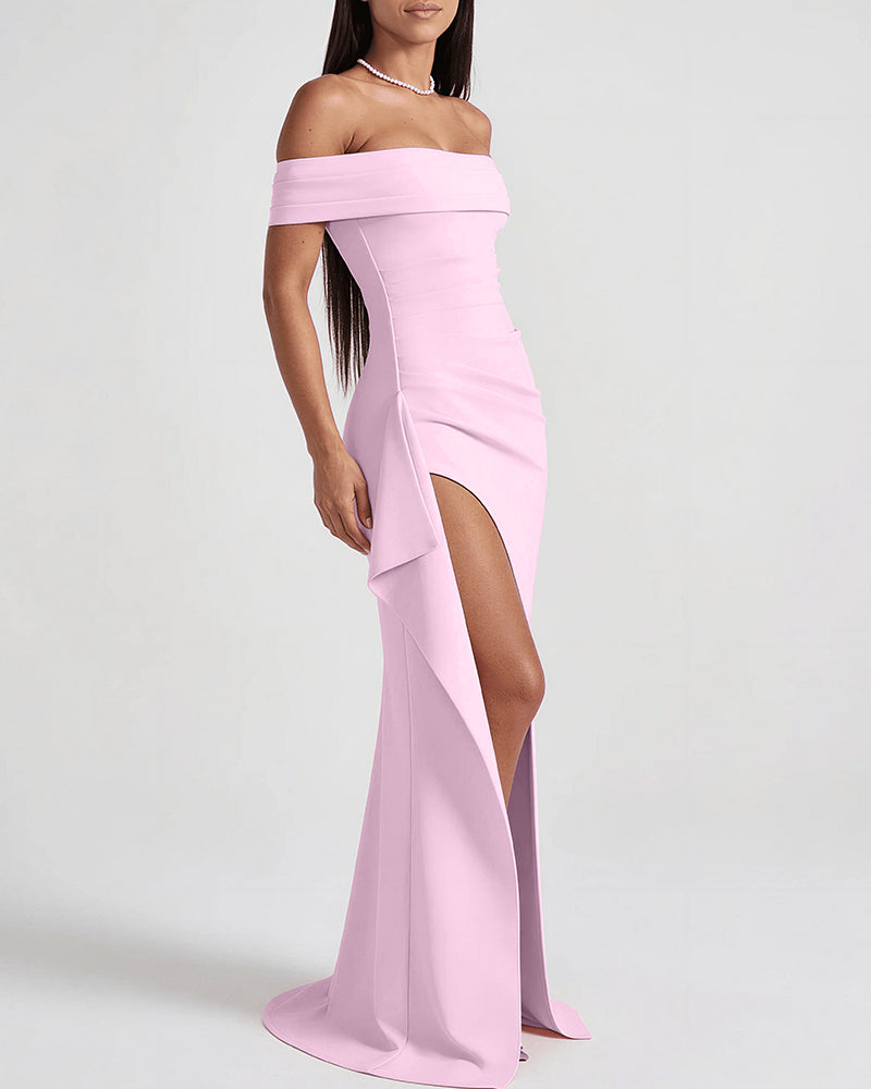 Vyla™ Elegant Off-Shoulder Ruched High-Slit Maxi Evening Dress