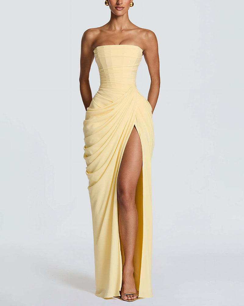 Vyla™ Strapless Ruched High Slit Corset Maxi Dress