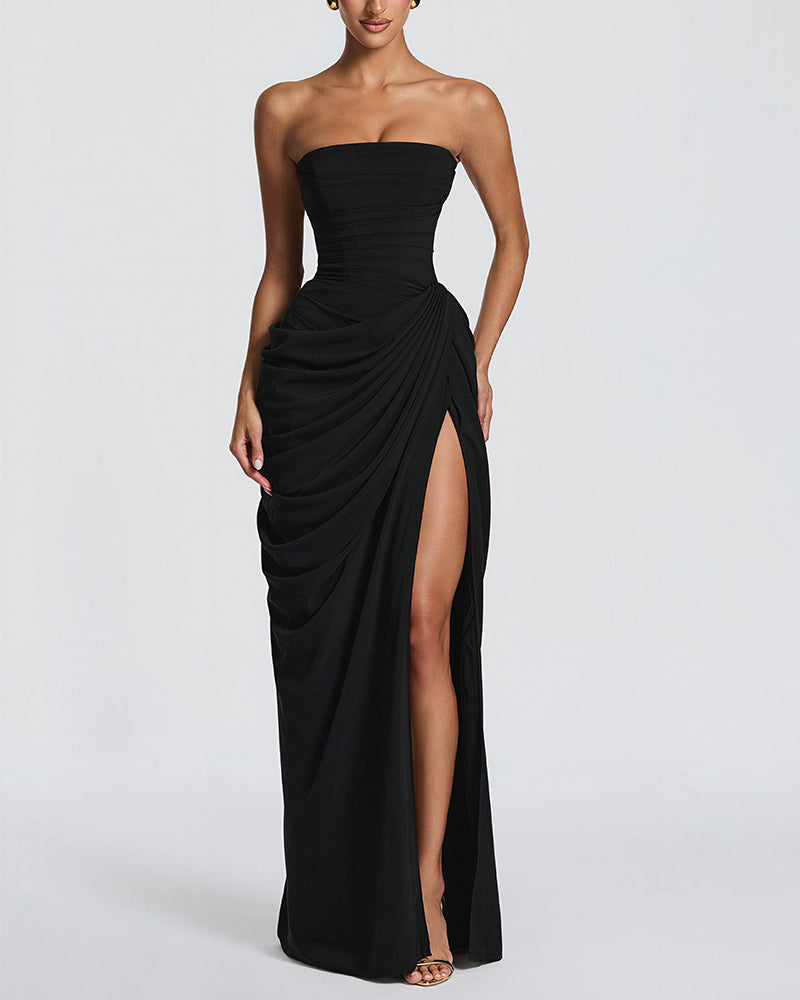 Vyla™ Strapless Ruched High Slit Corset Maxi Dress