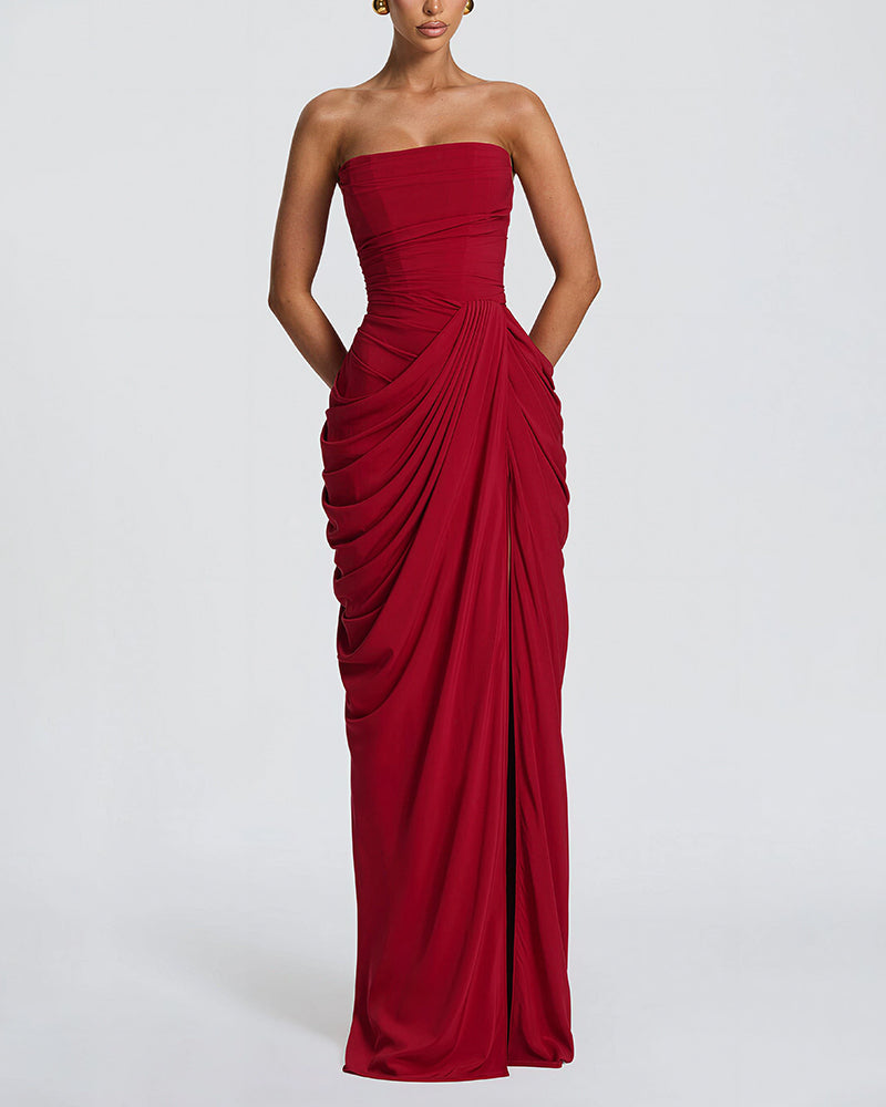 Vyla™ Strapless Ruched High Slit Corset Maxi Dress