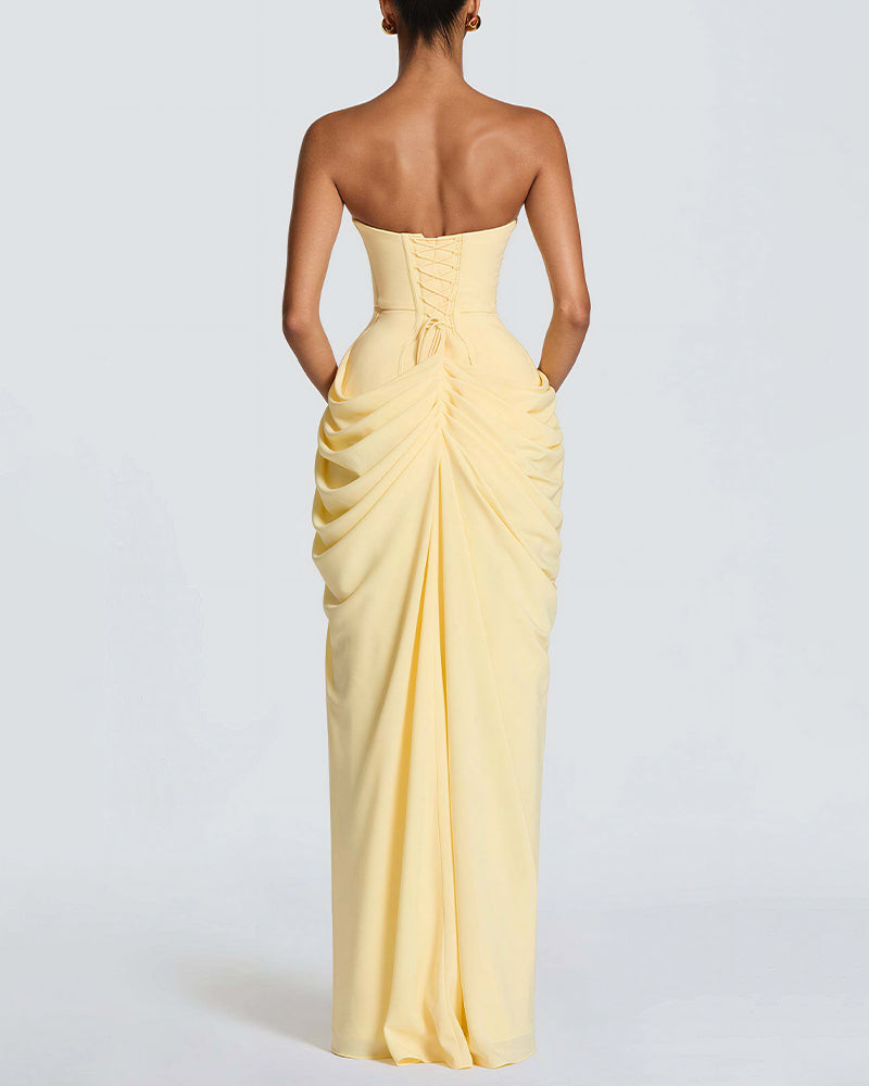 Vyla™ Strapless Ruched High Slit Corset Maxi Dress