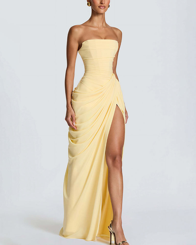 Vyla™ Strapless Ruched High Slit Corset Maxi Dress